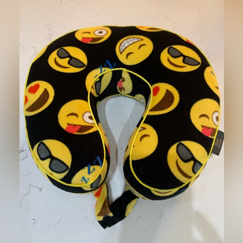 Bon Voyage Emoji Memory Foam Travel Neck Pillow Snap button closure. Laundered